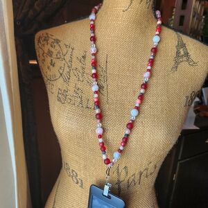 Red and White Beaded Lanyard Necklace